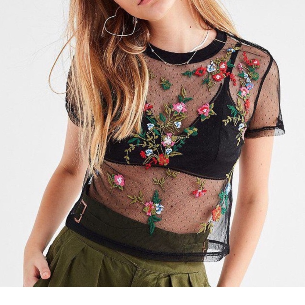 UO Sheer Mesh Floral Embroidered Crop Short Sleeve Layer Crew Neck Black Top